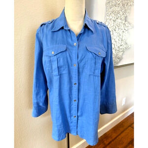 Chaps Classic 100% Linen BLUE Button Down Shirt Women LARGE Roll Tab 3/4 Sleeve